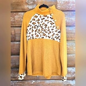 White Birch Golden Tan Fuzzy High Neck Sweater Faux Fur Leopard Print Details